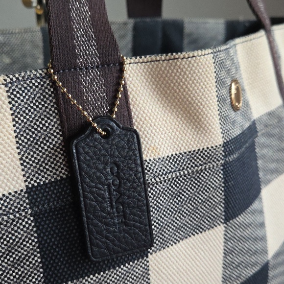 COACH Navy Buffalo Plaid Canvas Tote - Picture 5 of 16